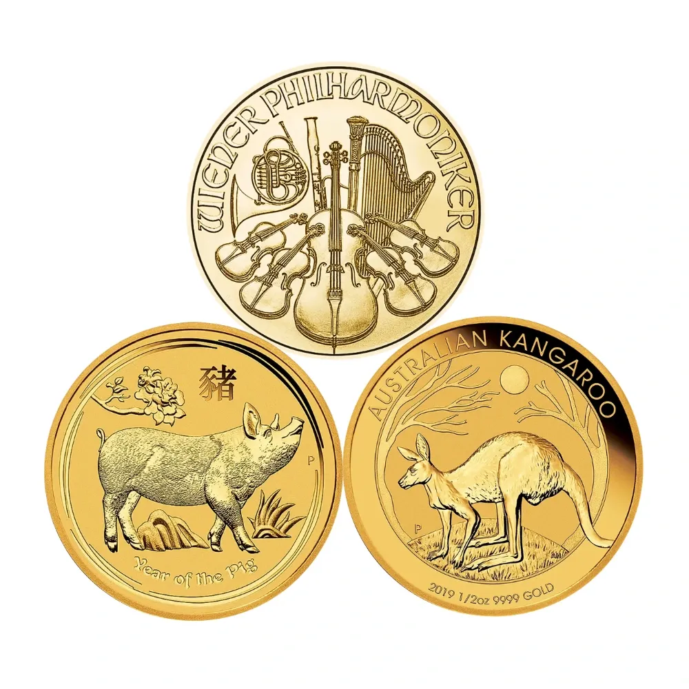 1/2oz Gold Coin Trio – Philharmonic, Lunar Pig & Kangaroo